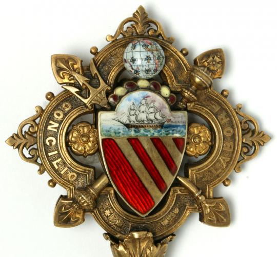 Ceremonial key bearing Manchester crest (detail), made for Manchester Town Hall, 1877-1956
