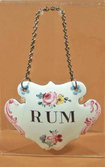 Decanter label, rum, probably made in Battersea, London, 1753-1770