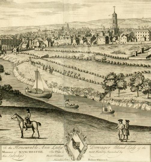 South West Prospect of Manchester and Salford (detail), by John Harris, about 1734