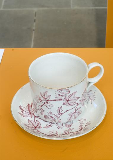 Cup and saucer with cotton plants and sugar cane decoration, made in Staffordshire, 1890s