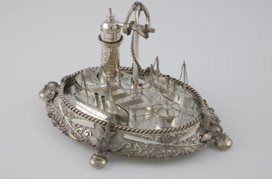 Manchester Ship Canal cruet and stand, made by Elkington & Co, 1894